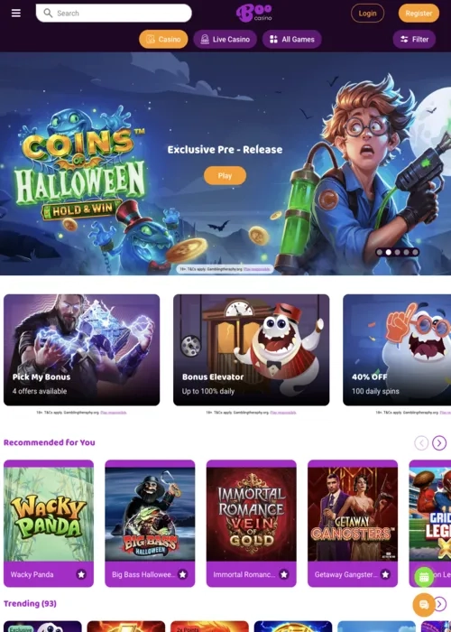 Player first impression page Boo Casino