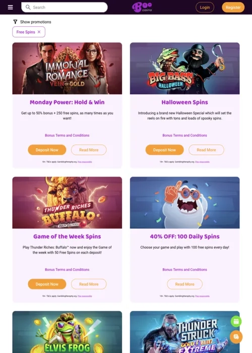 New player complimentary bonus page Boo Casino